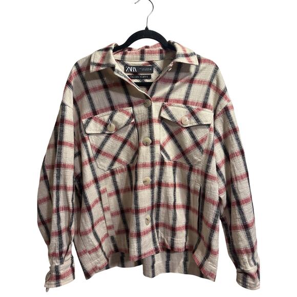 Zara Jackets & Blazers - Zara Women S Italian Fabric Plaid Oversized Shacket Jacket Red Cream Black